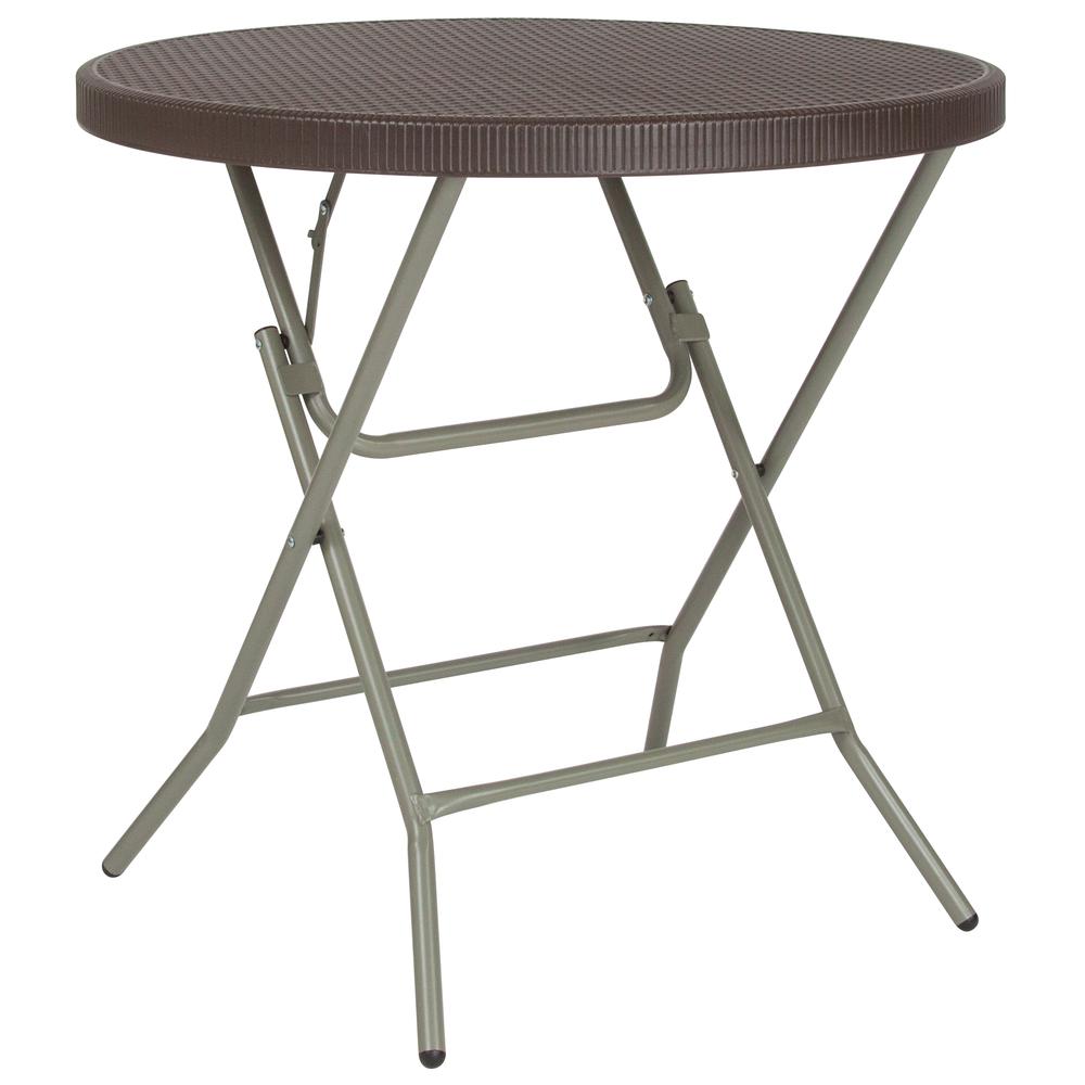 2.6-Foot Round Brown Rattan Plastic Folding Table. The main picture.