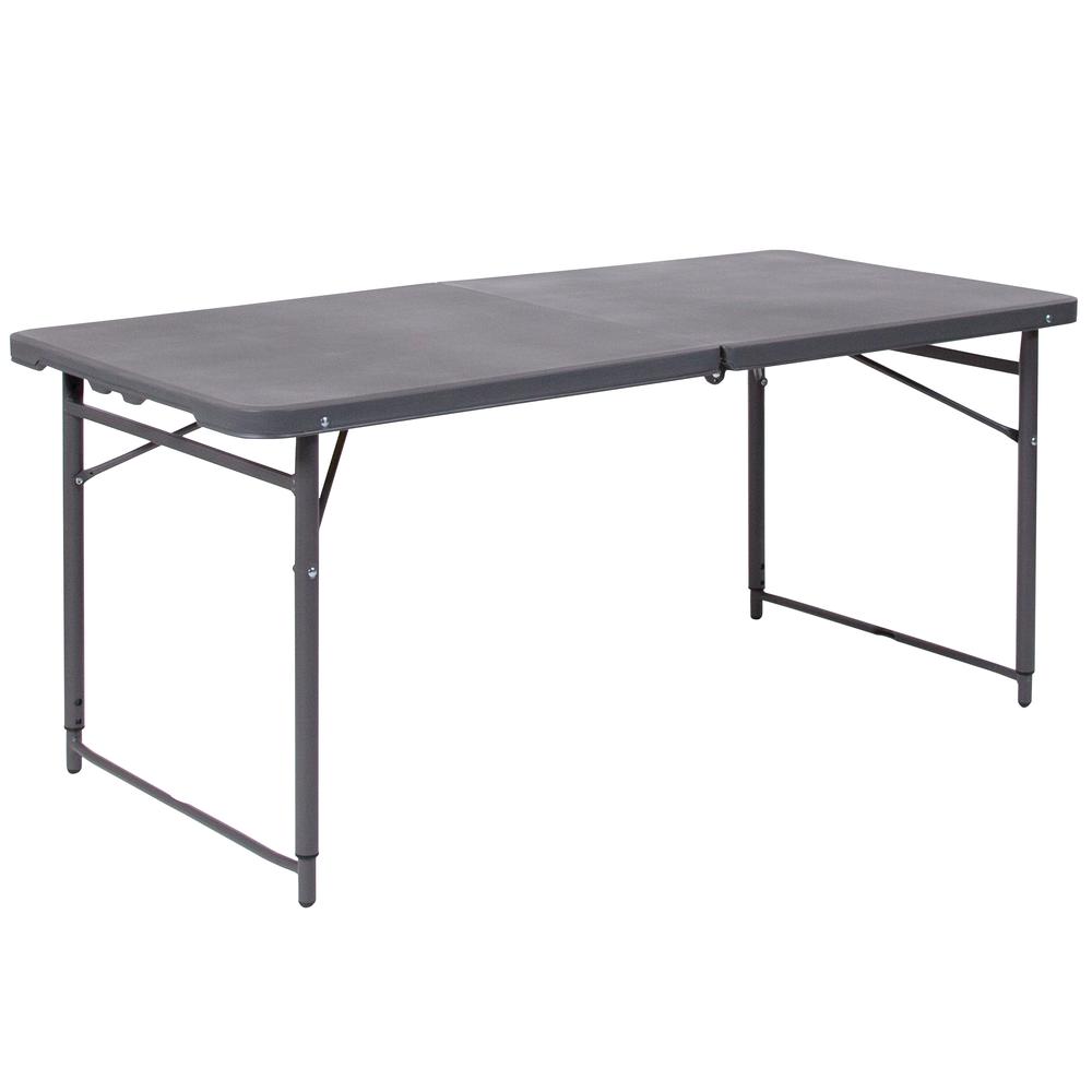 4-Foot Height Adjustable Bi-Fold Dark Gray Plastic Folding Table with Carrying Handle. Picture 1