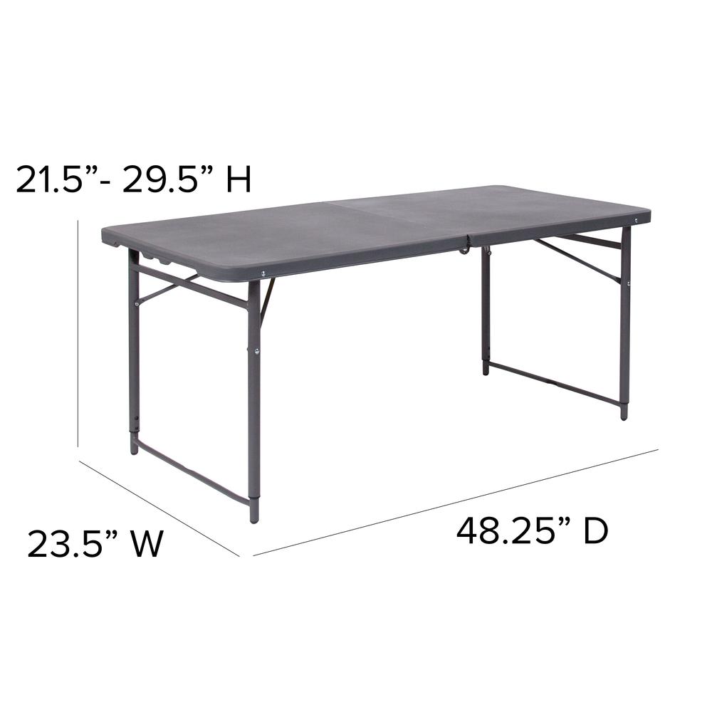4-Foot Height Adjustable Bi-Fold Dark Gray Plastic Folding Table with Carrying Handle. Picture 2