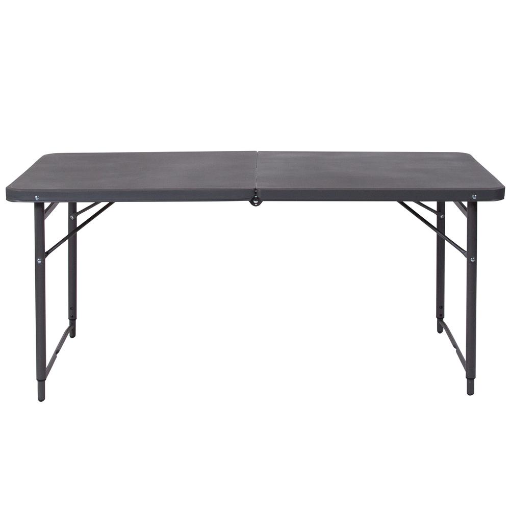4-Foot Height Adjustable Bi-Fold Dark Gray Plastic Folding Table with Carrying Handle. Picture 2