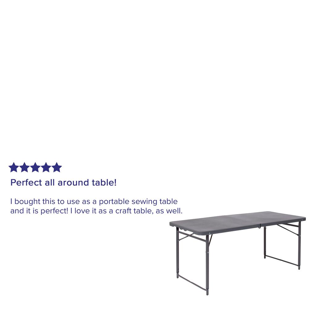 4-Foot Height Adjustable Bi-Fold Dark Gray Plastic Folding Table with Carrying Handle. Picture 8