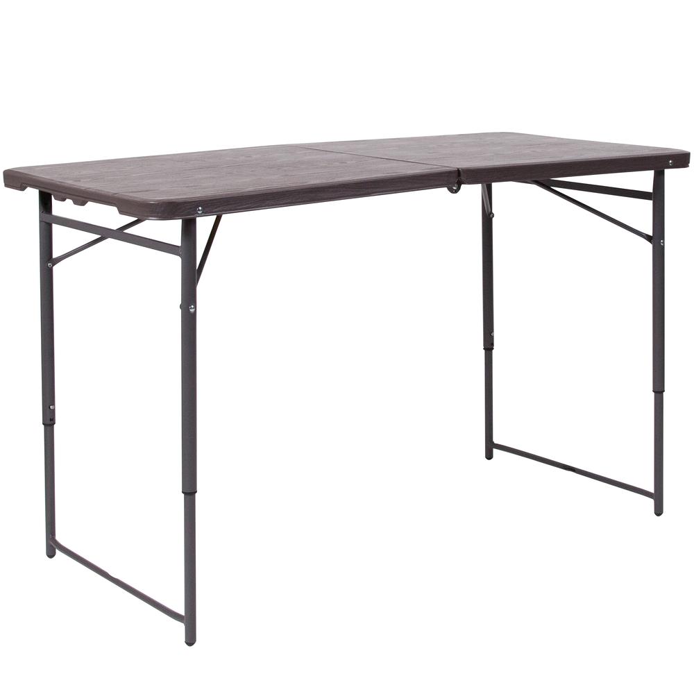 4-Foot Height Adjustable Bi-Fold Brown Wood Grain Plastic Folding Table. Picture 1