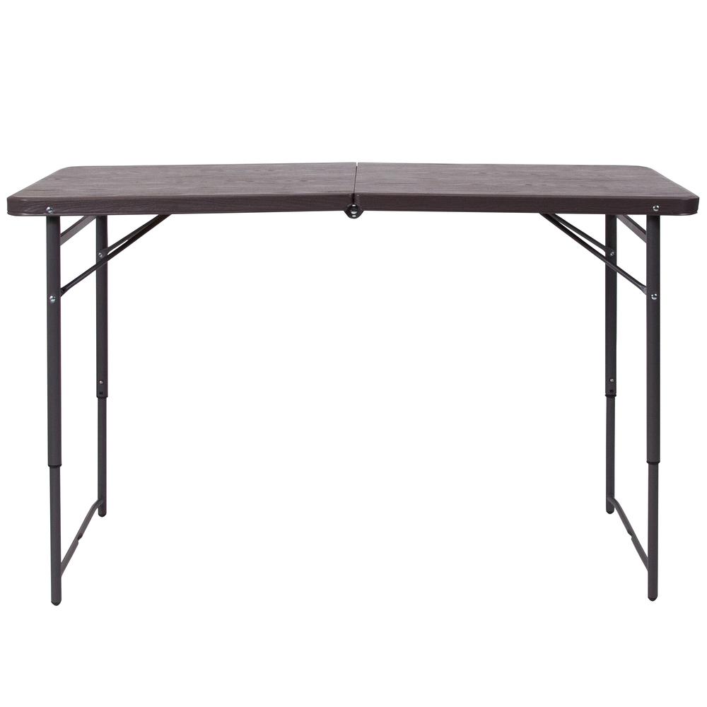 4-Foot Height Adjustable Bi-Fold Brown Wood Grain Plastic Folding Table with Carrying Handle. Picture 3