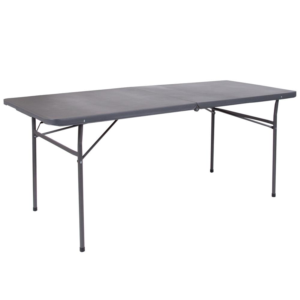 6-Foot Bi-Fold Dark Gray Plastic Folding Table with Carrying Handle. Picture 1