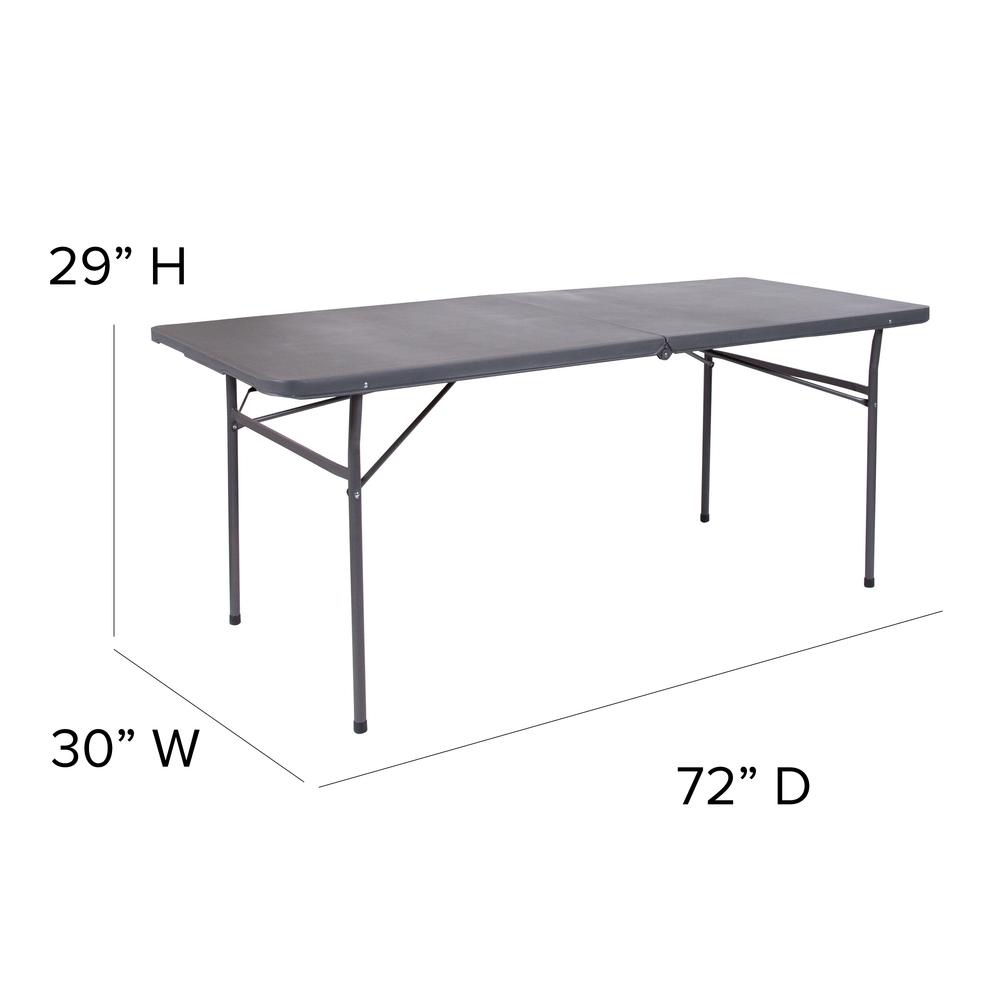 6-Foot Bi-Fold Dark Gray Plastic Folding Table with Carrying Handle. Picture 2