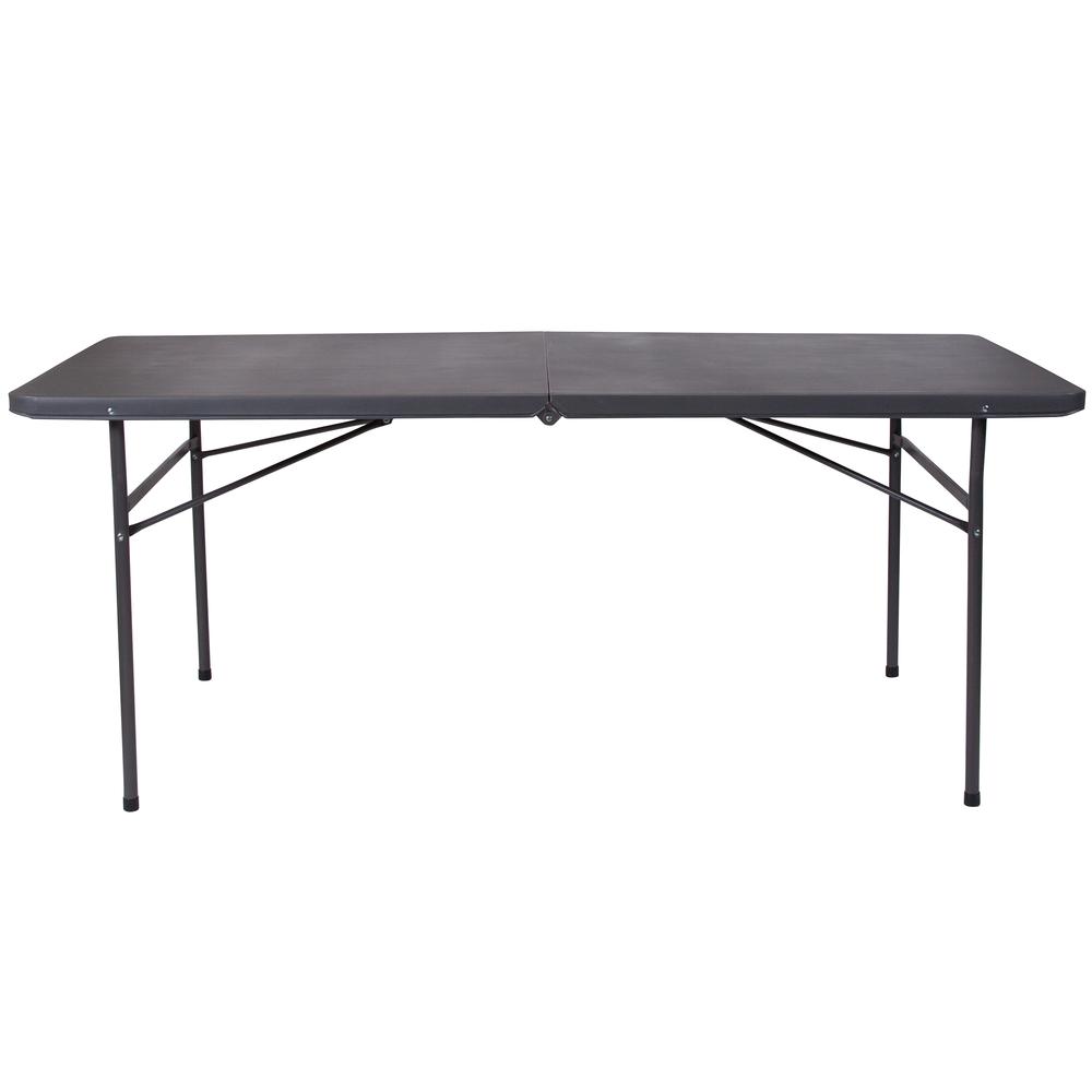 6-Foot Bi-Fold Dark Gray Plastic Folding Table with Carrying Handle. Picture 2