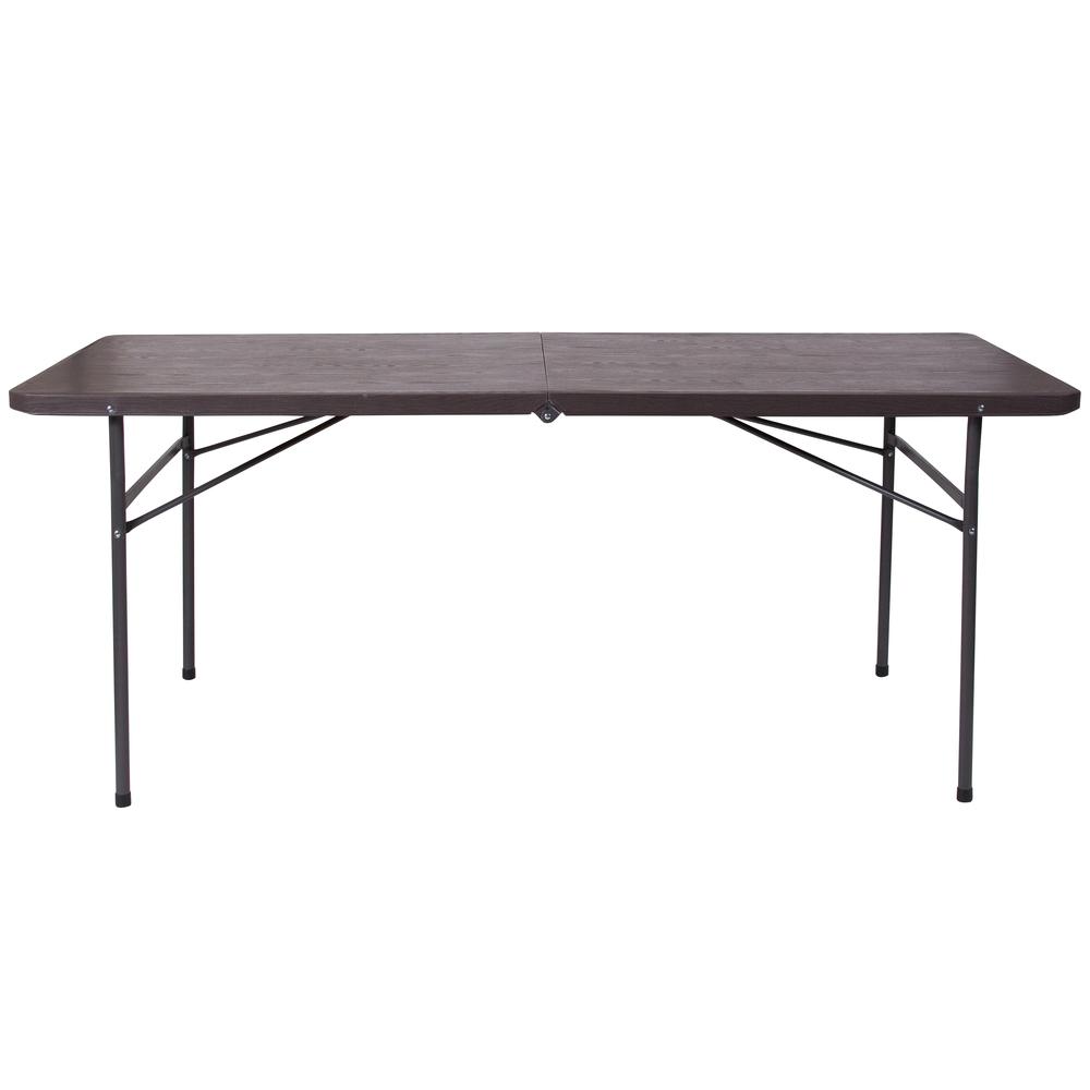 6-Foot Bi-Fold Brown Wood Grain Plastic Folding Table with Carrying Handle. Picture 3