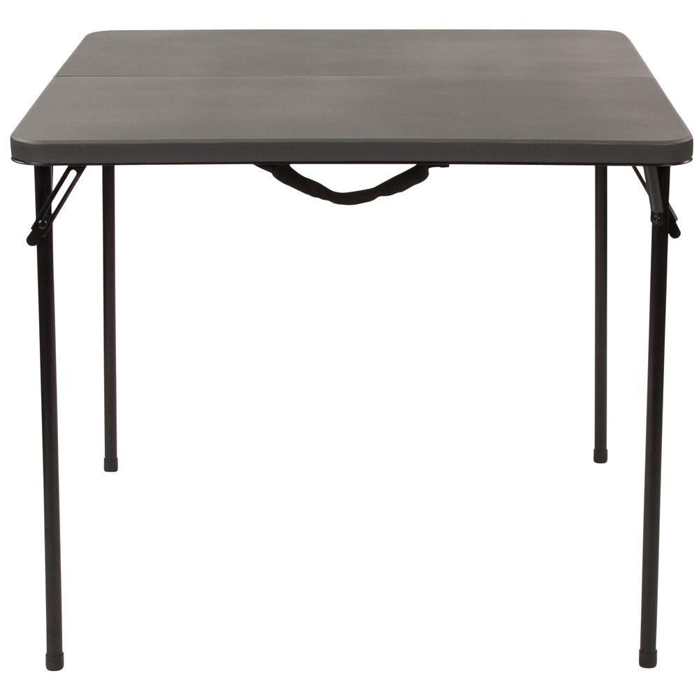 2.83-Foot Square Bi-Fold Dark Gray Plastic Folding Table with Carrying Handle. Picture 3