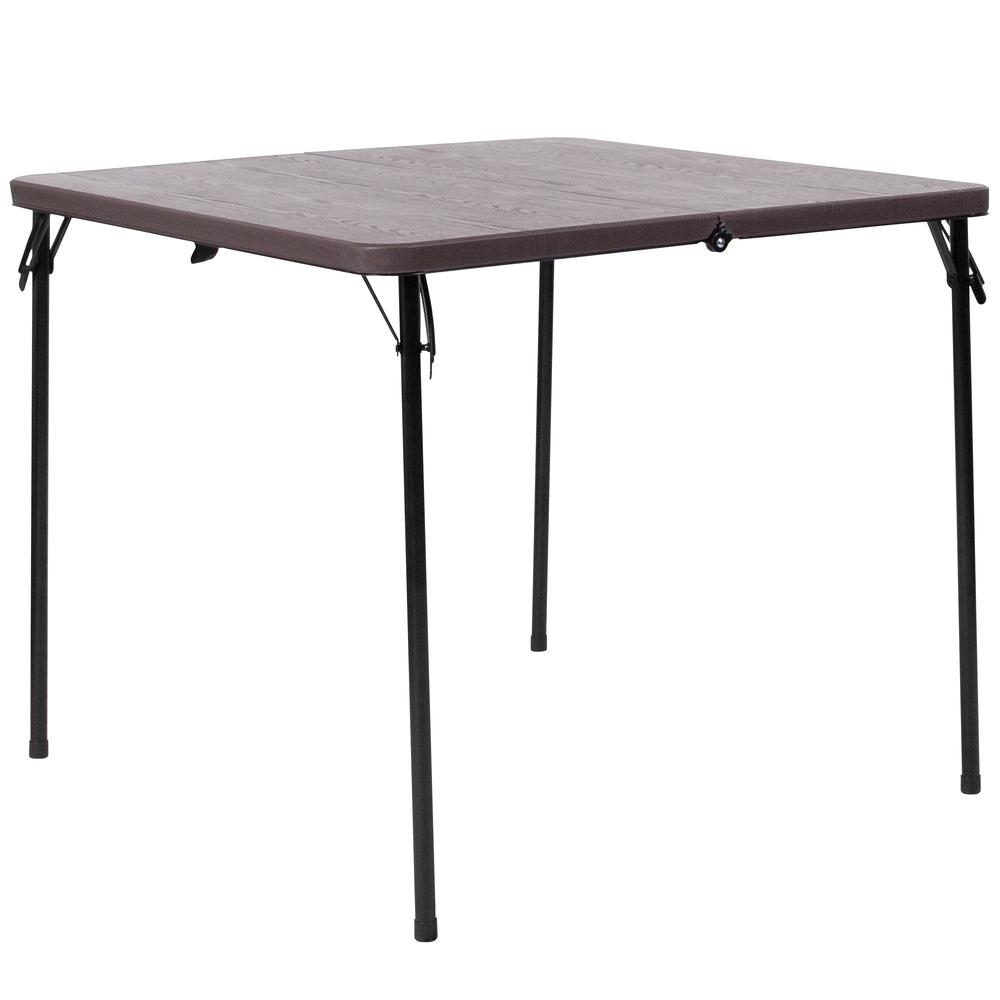 2.83-Foot Square Bi-Fold Brown Wood Grain Plastic Folding Table with Carrying Handle. Picture 1
