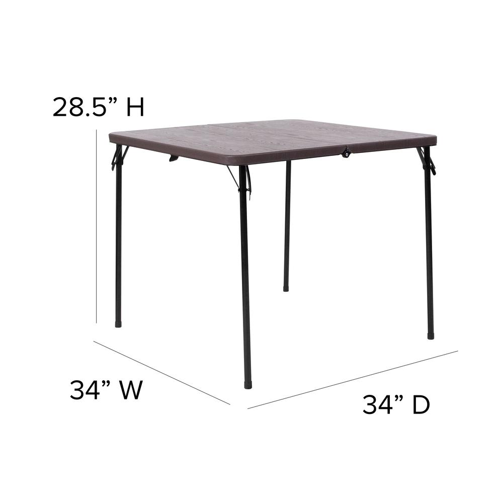 2.83-Foot Square Bi-Fold Brown Wood Grain Plastic Folding Table with Carrying Handle. Picture 2