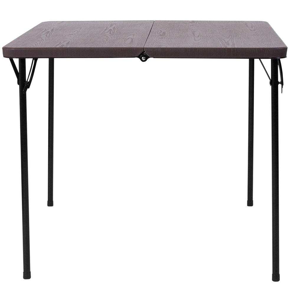 2.83-Foot Square Bi-Fold Brown Wood Grain Plastic Folding Table with Carrying Handle. Picture 3