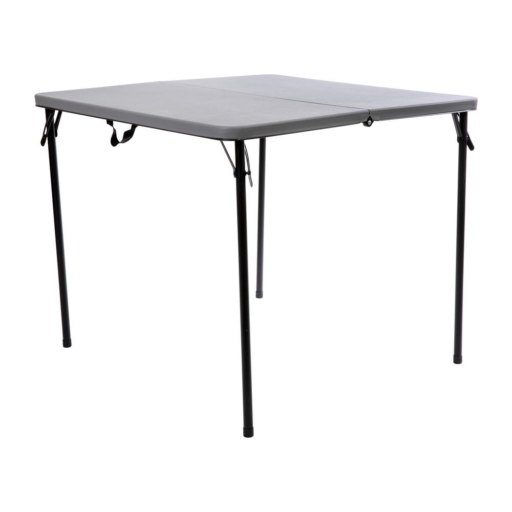 2.83-Foot Square Bi-Fold Gray Plastic Folding Table with Carrying Handle. Picture 1