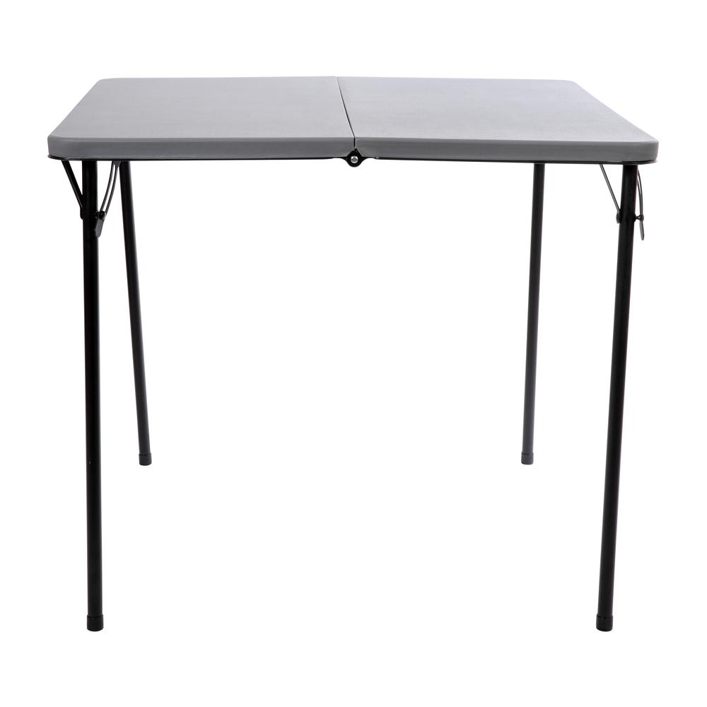 2.83-Foot Square Bi-Fold Gray Plastic Folding Table with Carrying Handle. Picture 6