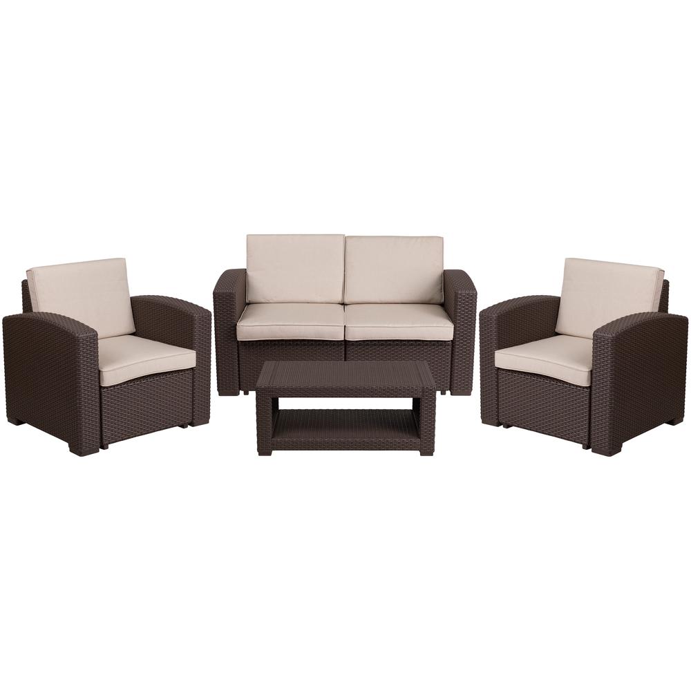 4 Piece Outdoor Faux Rattan Chair, Loveseat and Table Set in Chocolate Brown. Picture 1