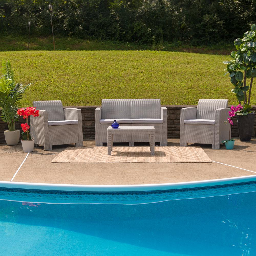 4 Piece Outdoor Faux Rattan Chair, Loveseat and Table Set in Light Gray. Picture 2