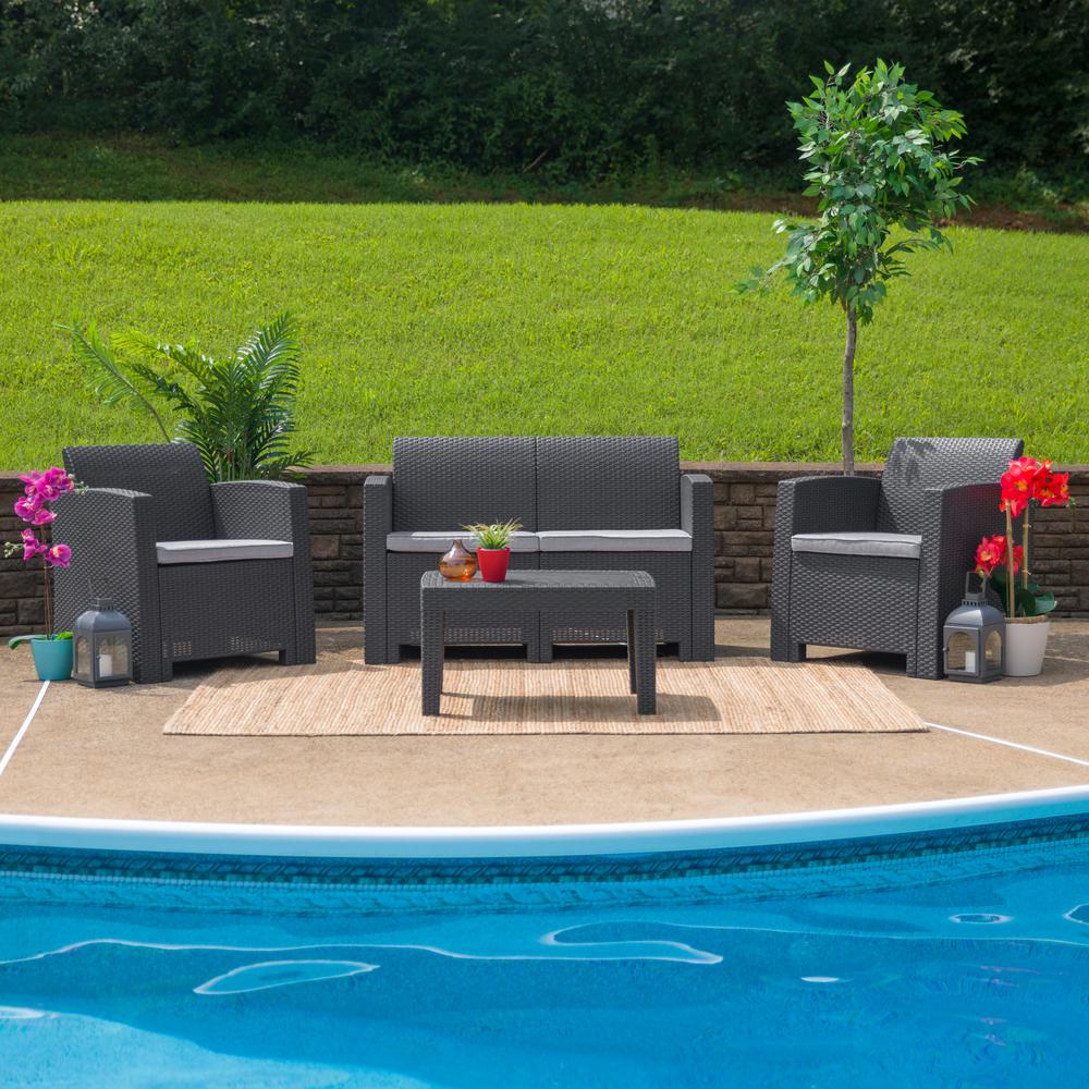 4 Piece Outdoor Faux Rattan Chair, Loveseat and Table Set in Dark Gray. Picture 3