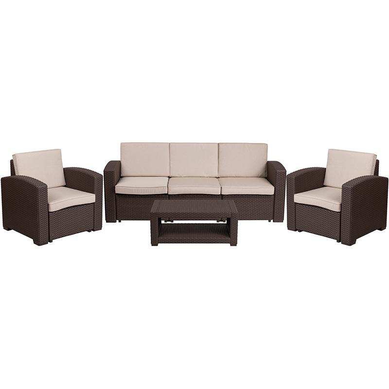 4 Piece Outdoor Faux Rattan Chair, Sofa and Table Set in Seneca Chocolate Brown. Picture 1