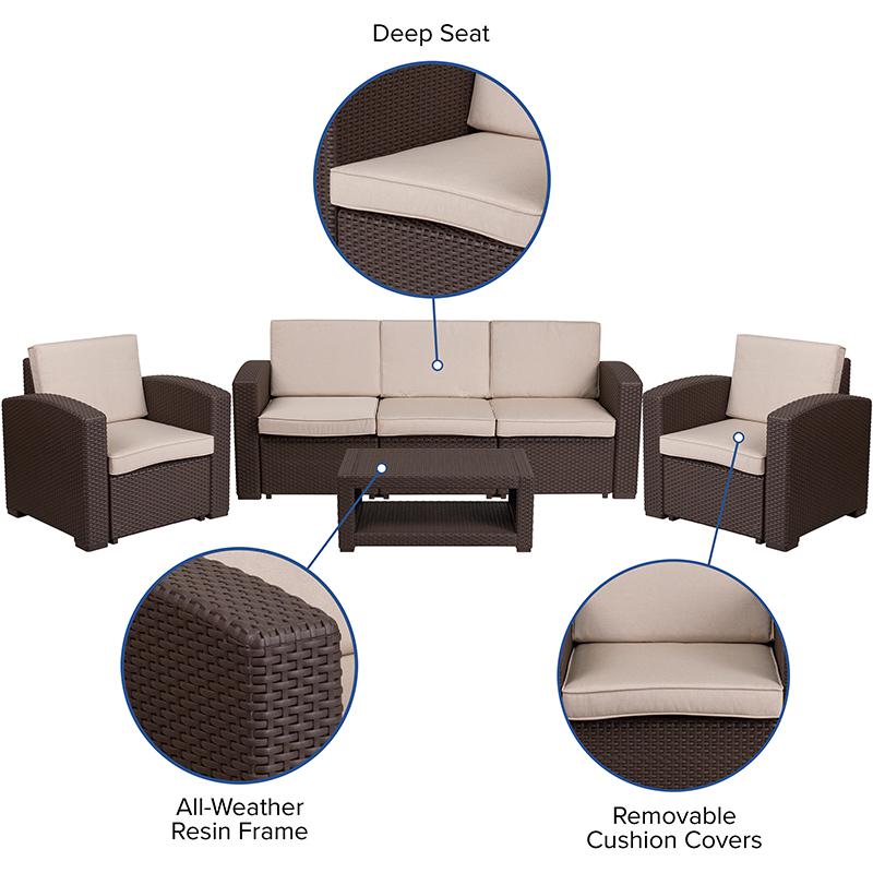 4 Piece Outdoor Faux Rattan Chair, Sofa and Table Set in Seneca Chocolate Brown. Picture 4