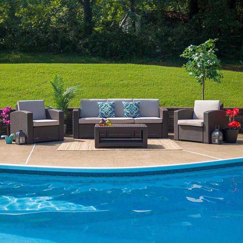 4 Piece Outdoor Faux Rattan Chair, Sofa and Table Set in Seneca Chocolate Brown. Picture 2