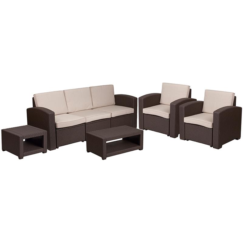5 Piece Outdoor Faux Rattan Chair, Sofa and Table Set in Seneca Chocolate Brown. Picture 2