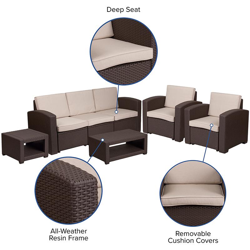 5 Piece Outdoor Faux Rattan Chair, Sofa and Table Set in Seneca Chocolate Brown. Picture 4