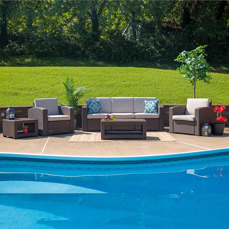 5 Piece Outdoor Faux Rattan Chair, Sofa and Table Set in Seneca Chocolate Brown. Picture 1
