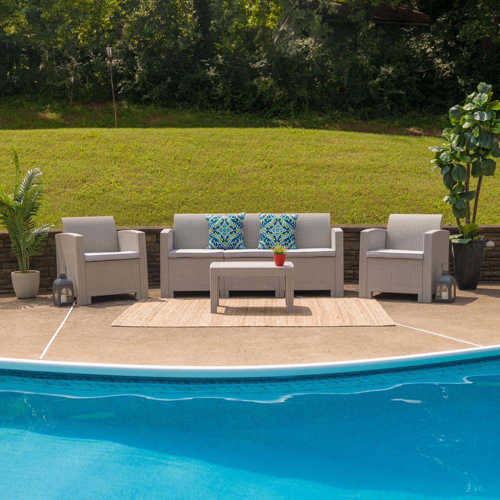 4 Piece Outdoor Faux Rattan Chair, Sofa and Table Set in Light Gray. Picture 2
