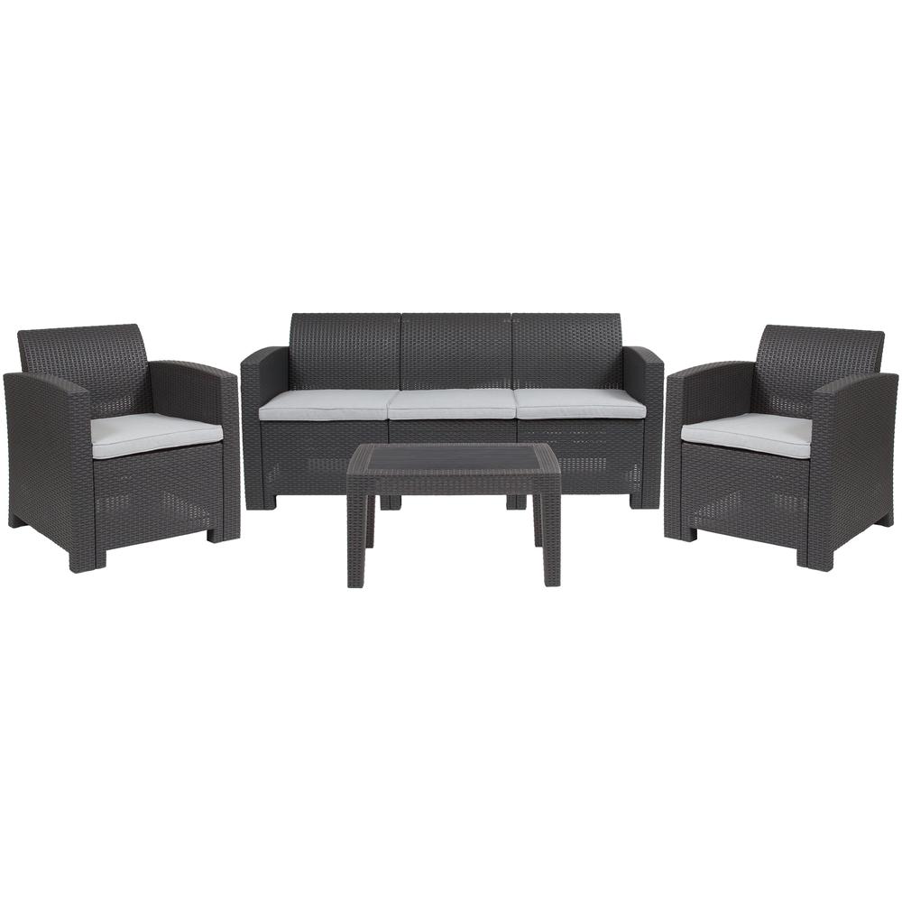 4 Piece Outdoor Faux Rattan Chair, Sofa and Table Set in Dark Gray. Picture 1