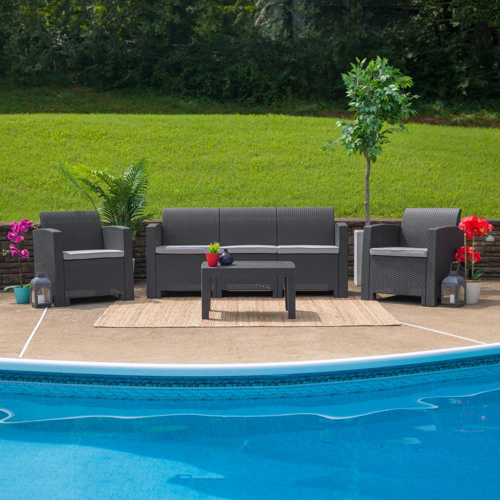 4 Piece Outdoor Faux Rattan Chair, Sofa and Table Set in Seneca Dark Gray. Picture 1