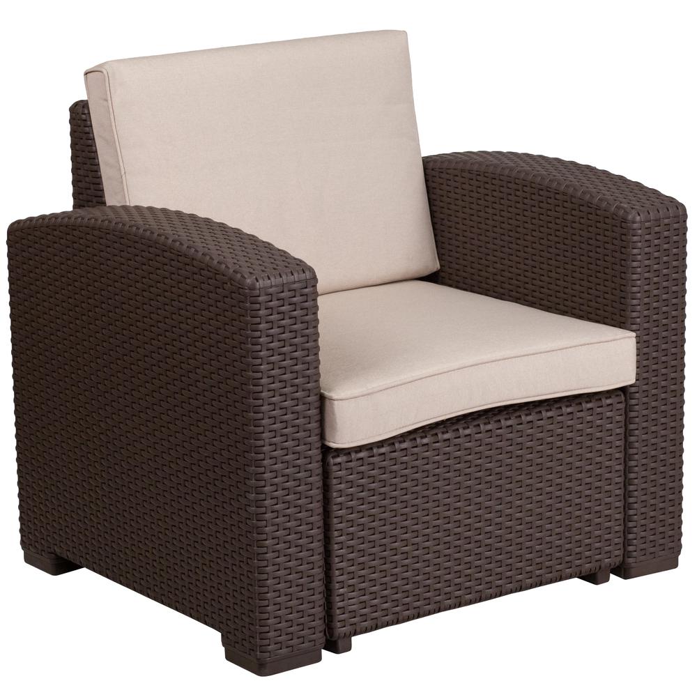 Chocolate Brown Faux Rattan Chair with All-Weather Beige Cushion. Picture 1