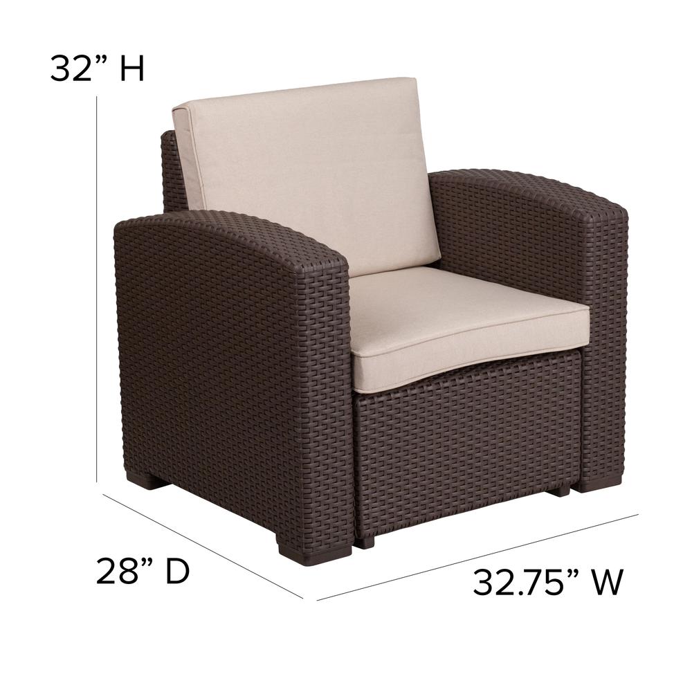 Chocolate Brown Faux Rattan Chair with All-Weather Beige Cushion. Picture 2