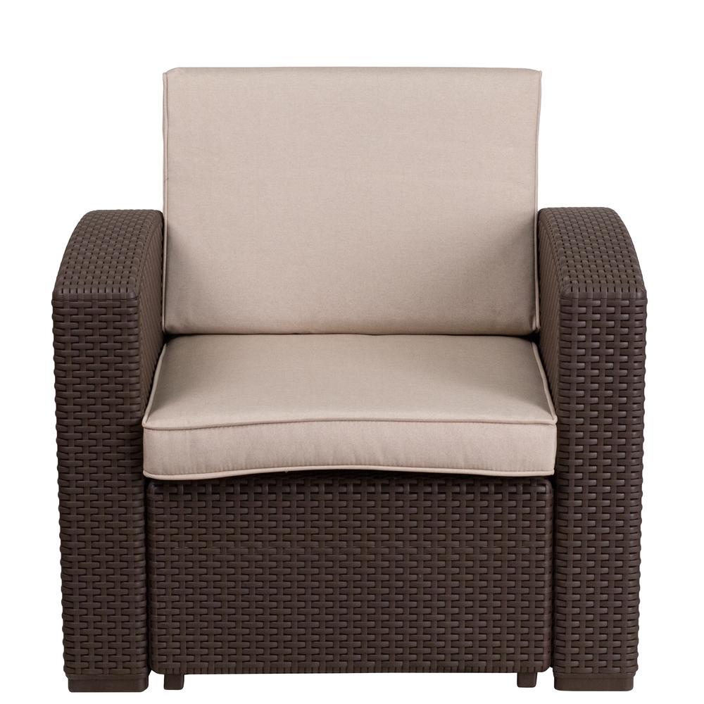 Chocolate Brown Faux Rattan Chair with All-Weather Beige Cushion. Picture 5