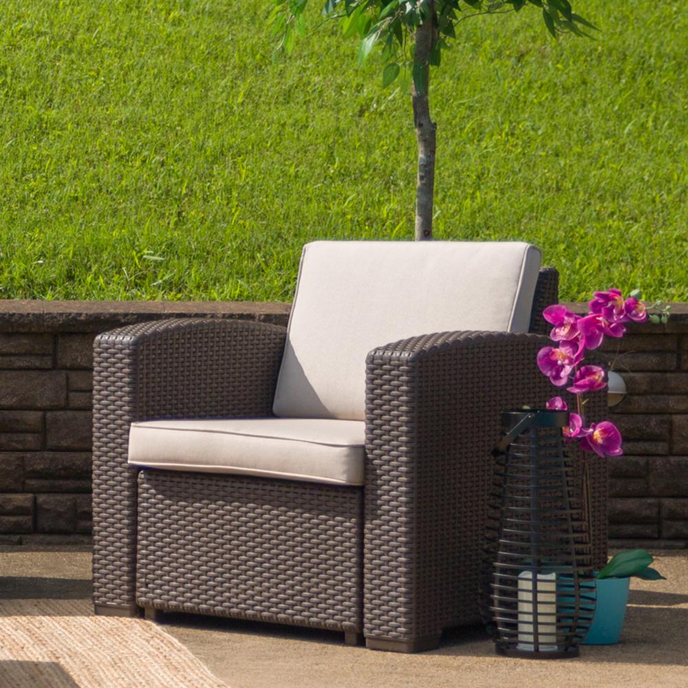 Chocolate Brown Faux Rattan Chair with All-Weather Beige Cushion. Picture 8