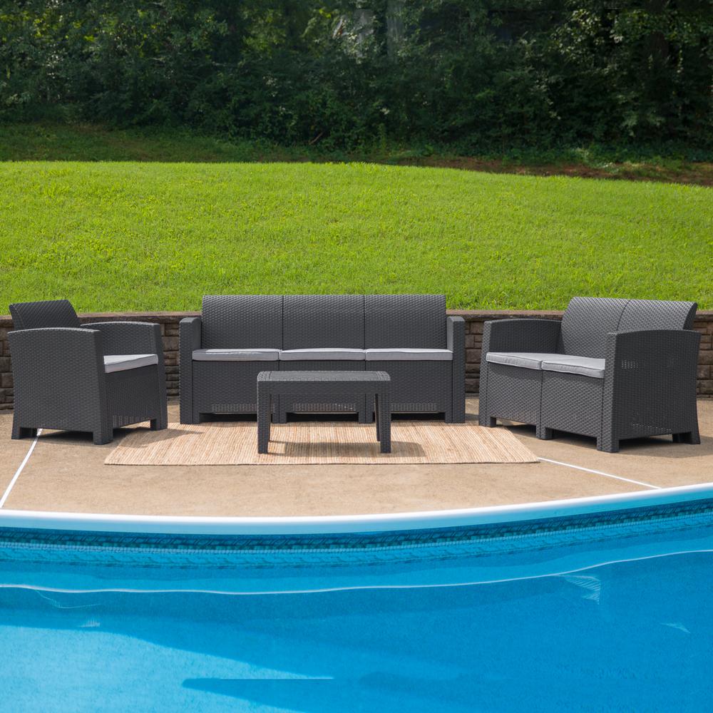 4 Piece Outdoor Faux Rattan Chair, Loveseat, Sofa and Table Set in Dark Gray. Picture 3