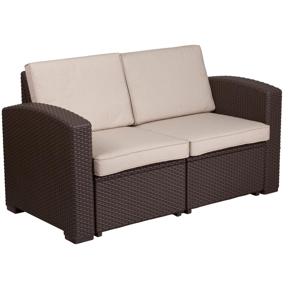 Chocolate Brown Faux Rattan Loveseat with All-Weather Beige Cushions. Picture 1
