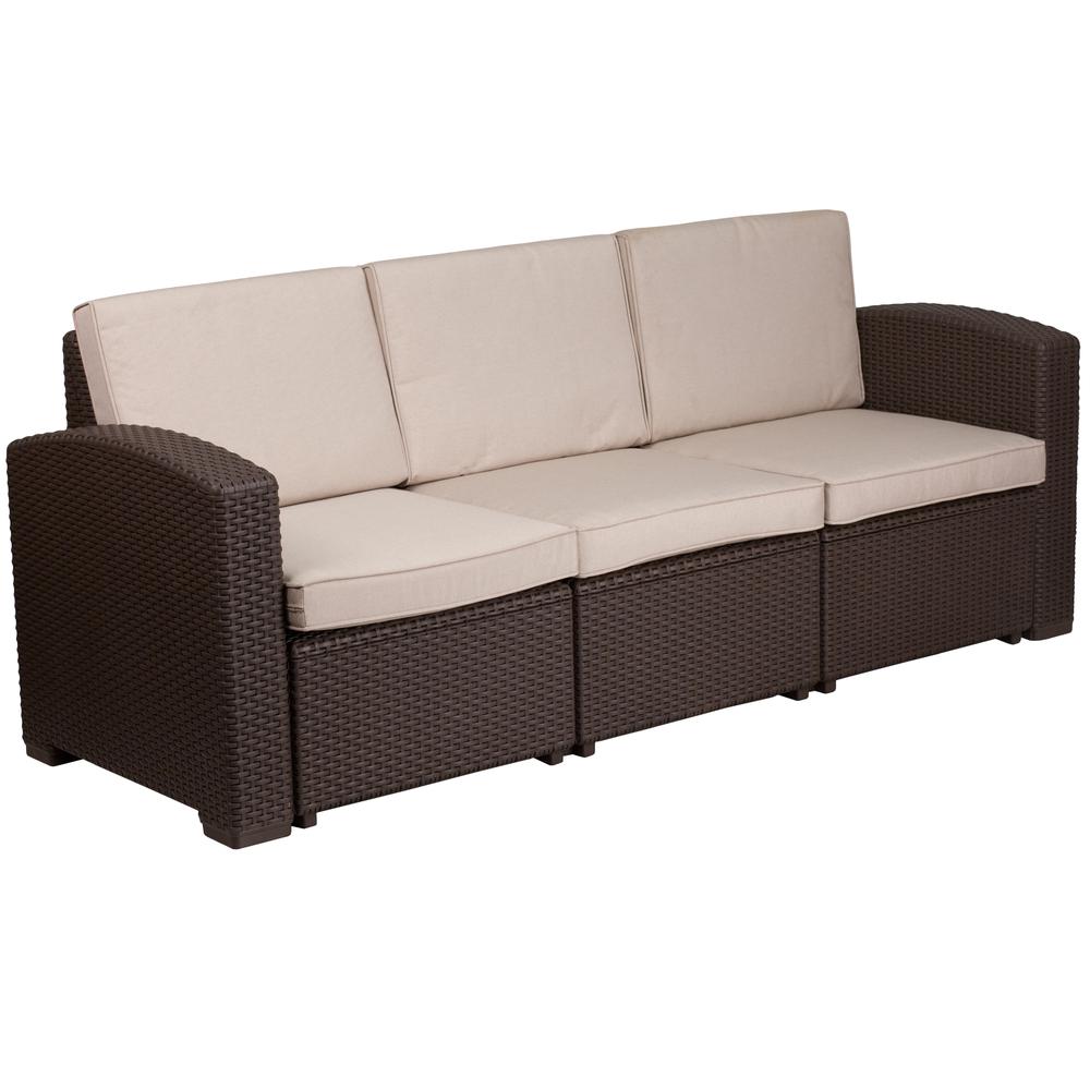 Chocolate Brown Faux Rattan Sofa with All-Weather Beige Cushions. The main picture.