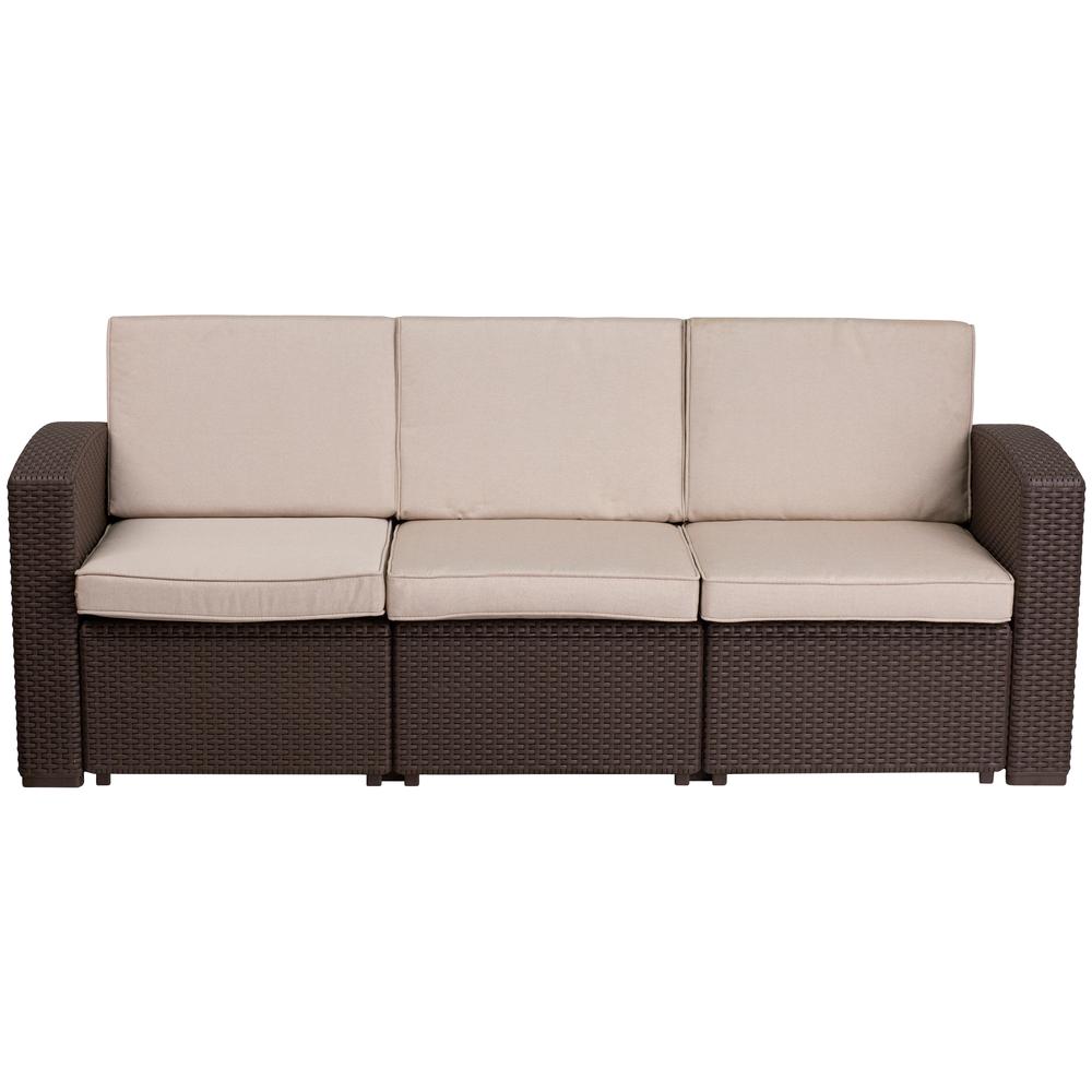 Chocolate Brown Faux Rattan Sofa with All-Weather Beige Cushions. Picture 4
