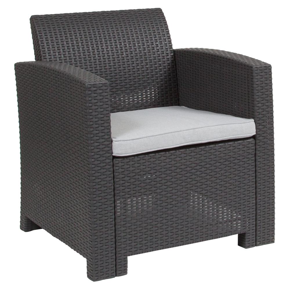 Dark Gray Faux Rattan Chair with All-Weather Seneca Light Gray Cushion. Picture 1
