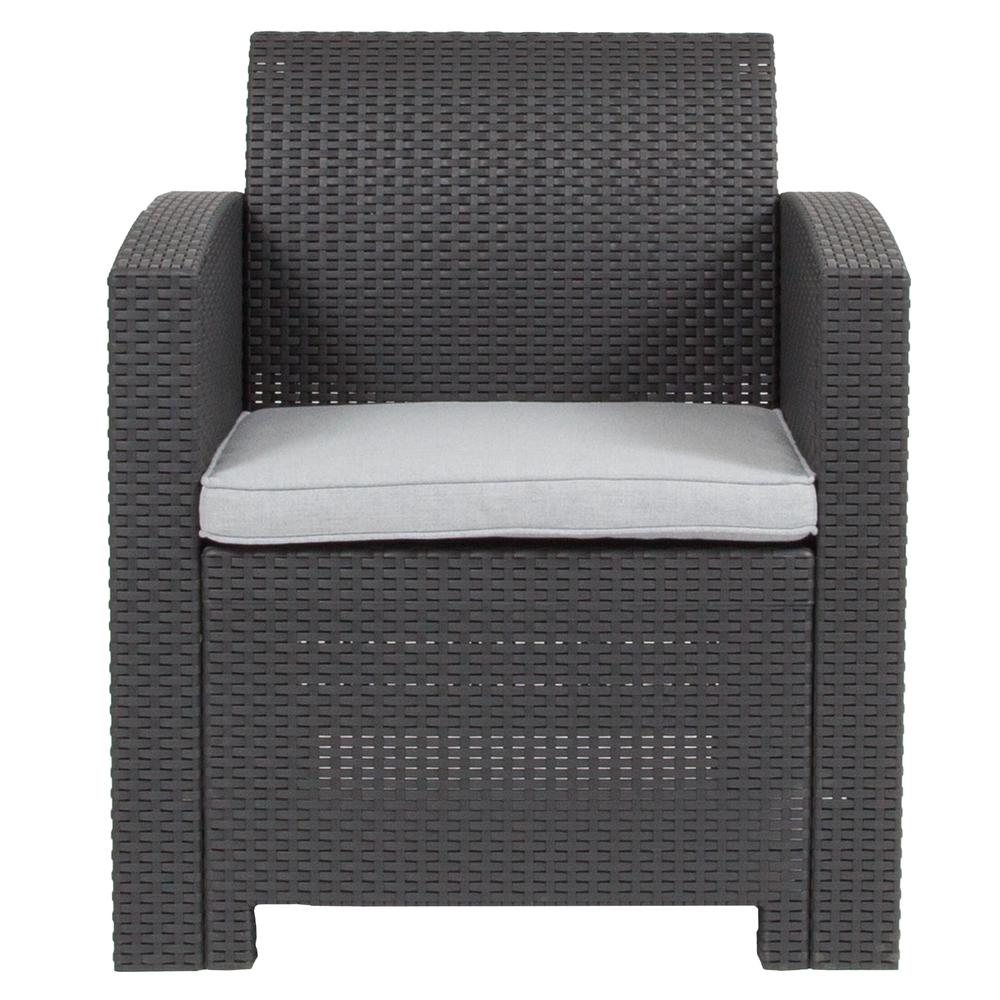 Dark Gray Faux Rattan Chair with All-Weather Seneca Light Gray Cushion. Picture 5