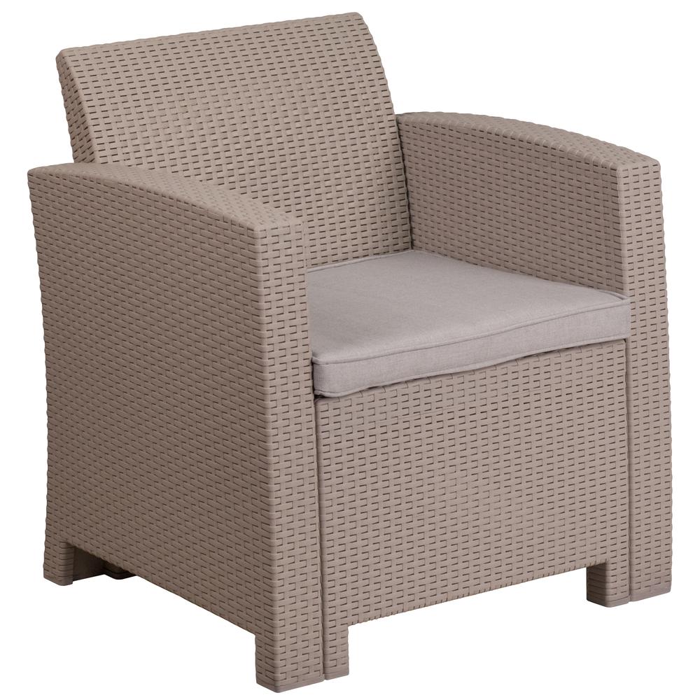 Light Gray Faux Rattan Chair with All-Weather Light Gray Cushion. The main picture.