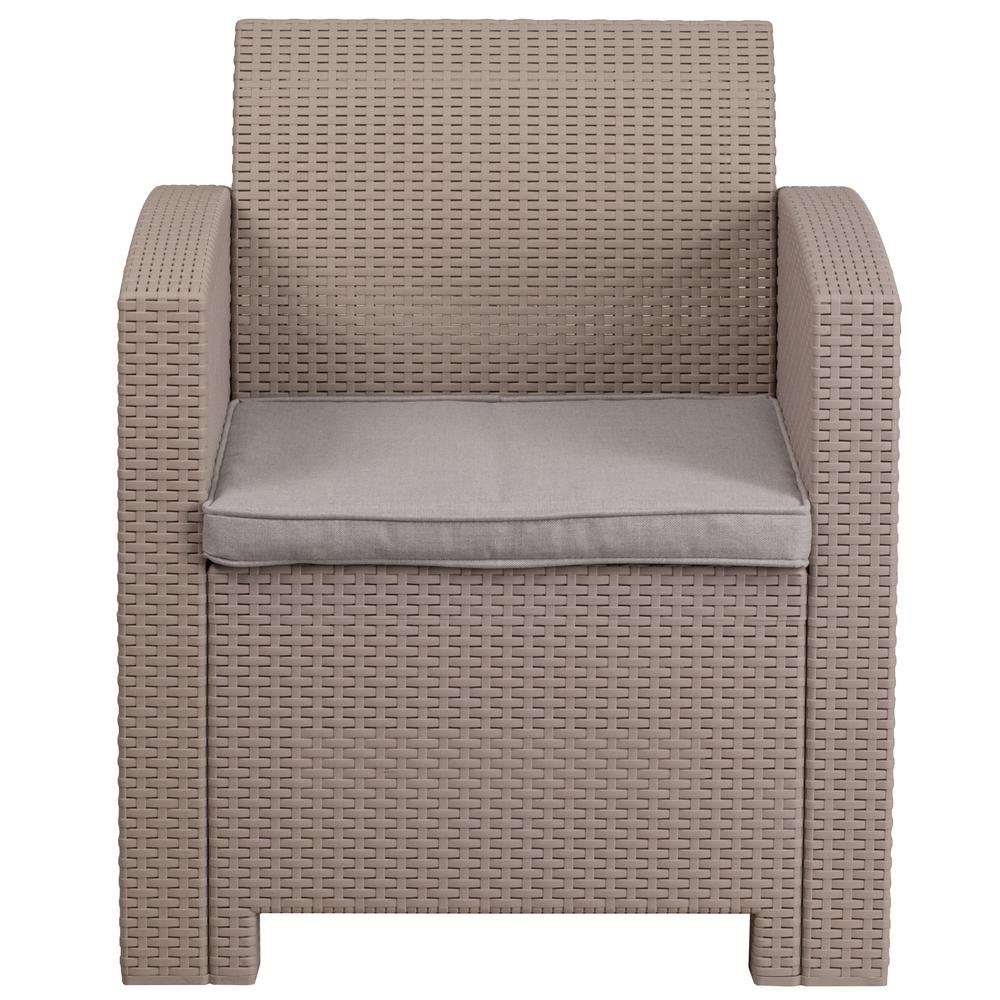 Light Gray Faux Rattan Chair with All-Weather Light Gray Cushion. Picture 5