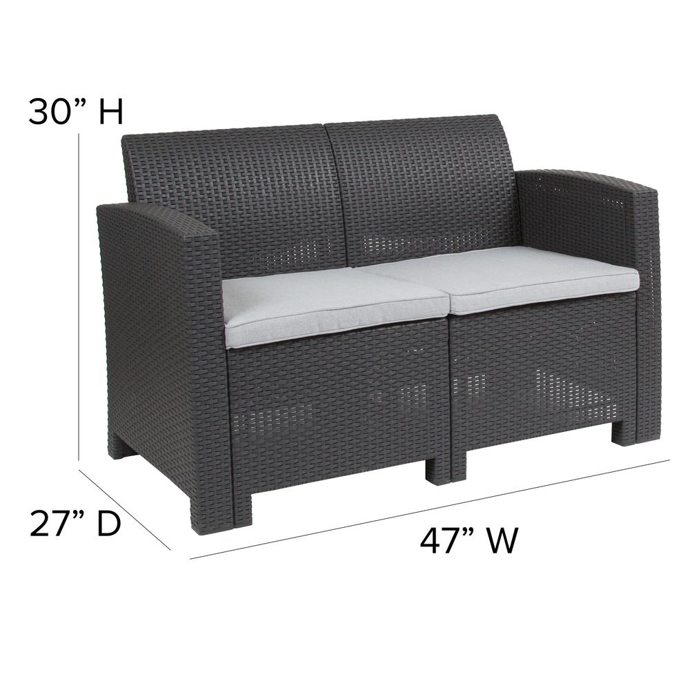 Dark Gray Faux Rattan Loveseat with All-Weather Light Gray Cushions. Picture 2