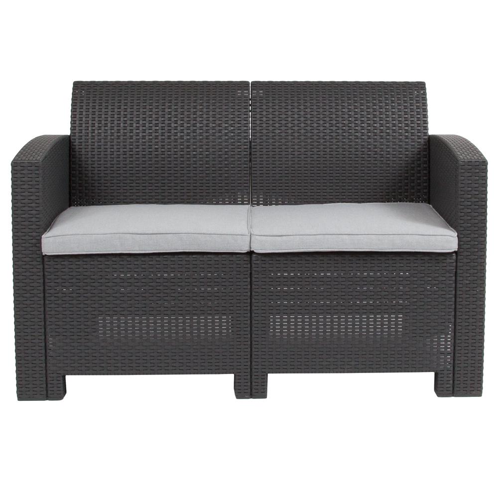 Dark Gray Faux Rattan Loveseat with All-Weather Light Gray Cushions. Picture 5