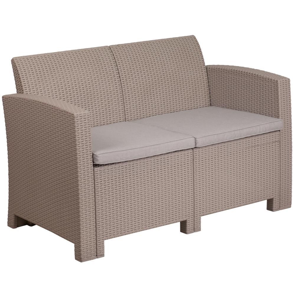 Light Gray Faux Rattan Loveseat with All-Weather Light Gray Cushions. Picture 1