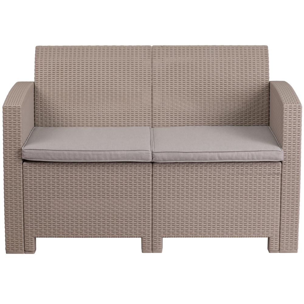 Light Gray Faux Rattan Loveseat with All-Weather Light Gray Cushions. Picture 3