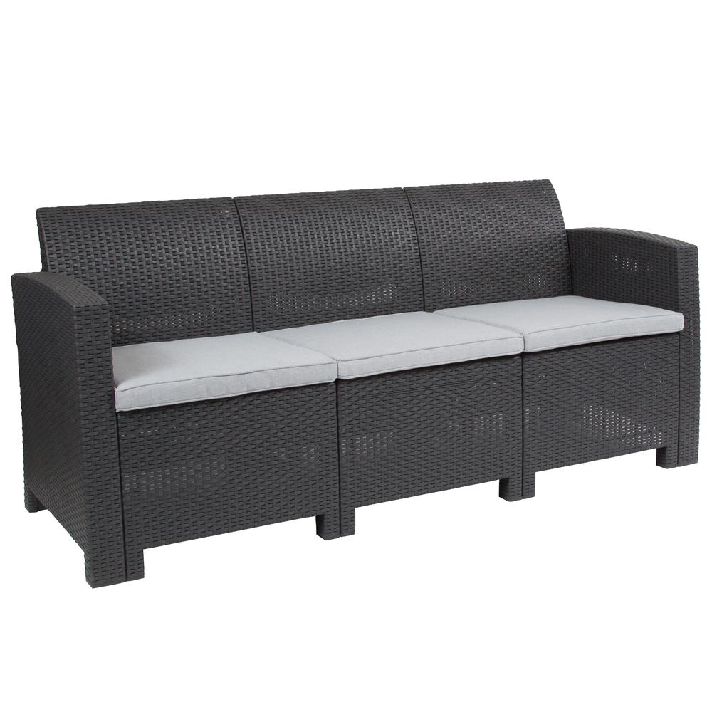 Dark Gray Faux Rattan Sofa with All-Weather Seneca Light Gray Cushions. Picture 2