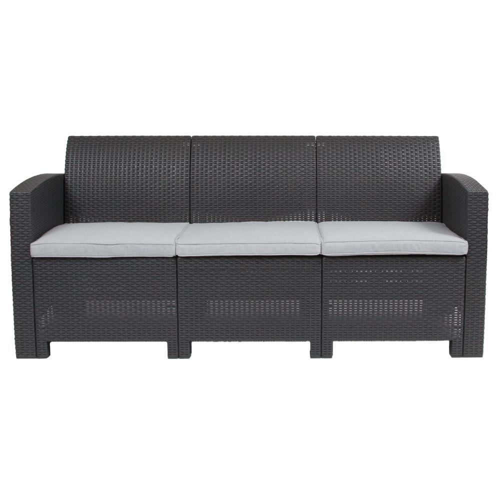 Dark Gray Faux Rattan Sofa with All-Weather Light Gray Cushions. Picture 5