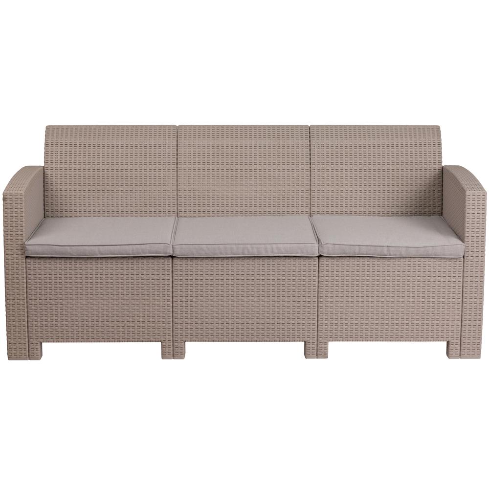 Light Gray Faux Rattan Sofa with All-Weather Light Gray Cushions. Picture 4