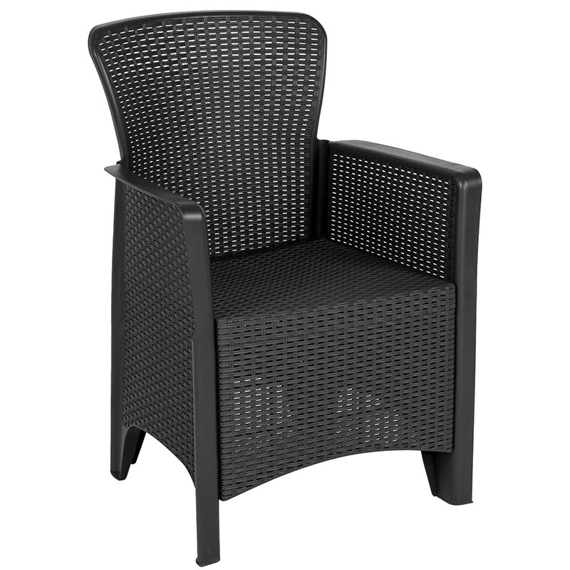 Dark Gray Faux Rattan Plastic Chair Set with Matching Side Table. Picture 8