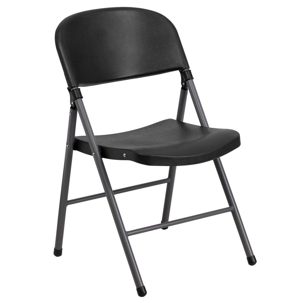 HERCULES Series 330 lb. Capacity Black Plastic Folding Chair with Charcoal Frame. Picture 1
